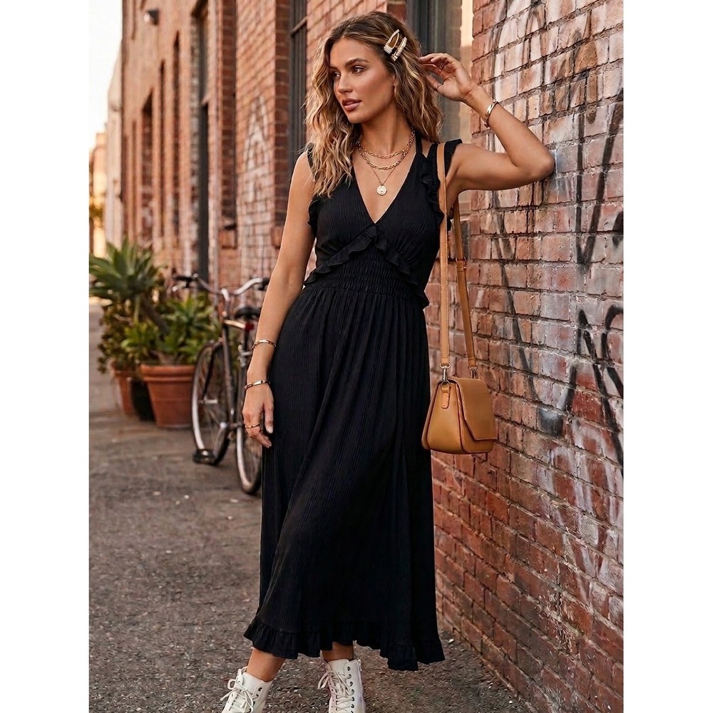 Anthropologie Black Ribbed Ruffle V-Neck Smocked Midi Dress Sleeveless Boho S